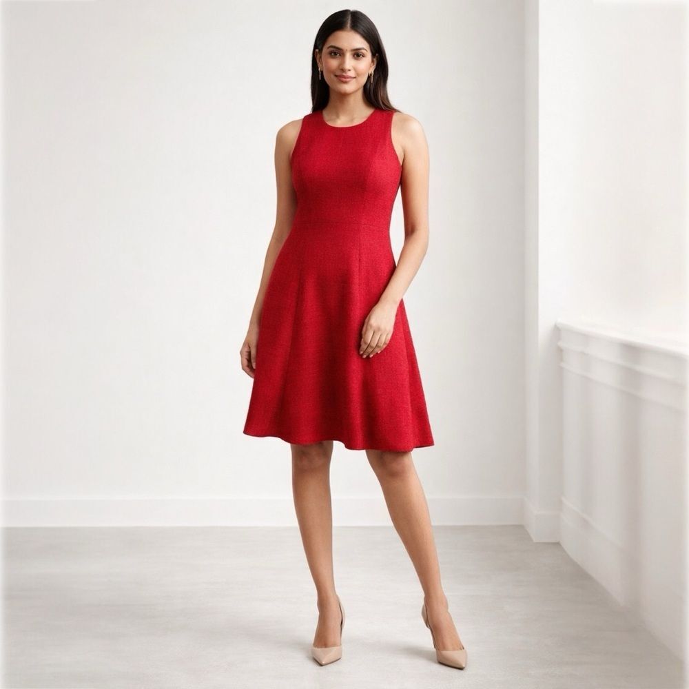 Banana Republic Red Textured Tweed Fit & Flare Dress